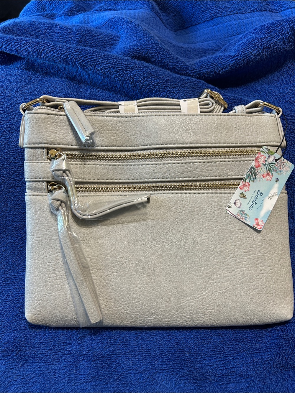 Brentano Taupe Crossbody Bag with Front Zippers - and dust bag 9x10